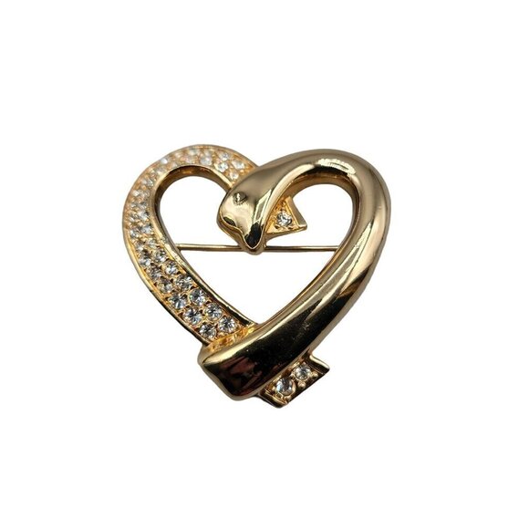 Swarovski Pave Crystal Heart Brooch Gold Tone Vintage Swan Stamp Pin - Picture 1 of 12